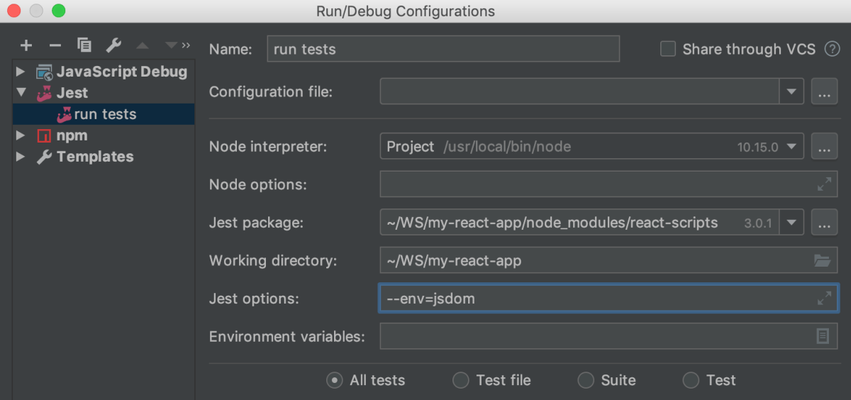 Testing React: Jest run configuration