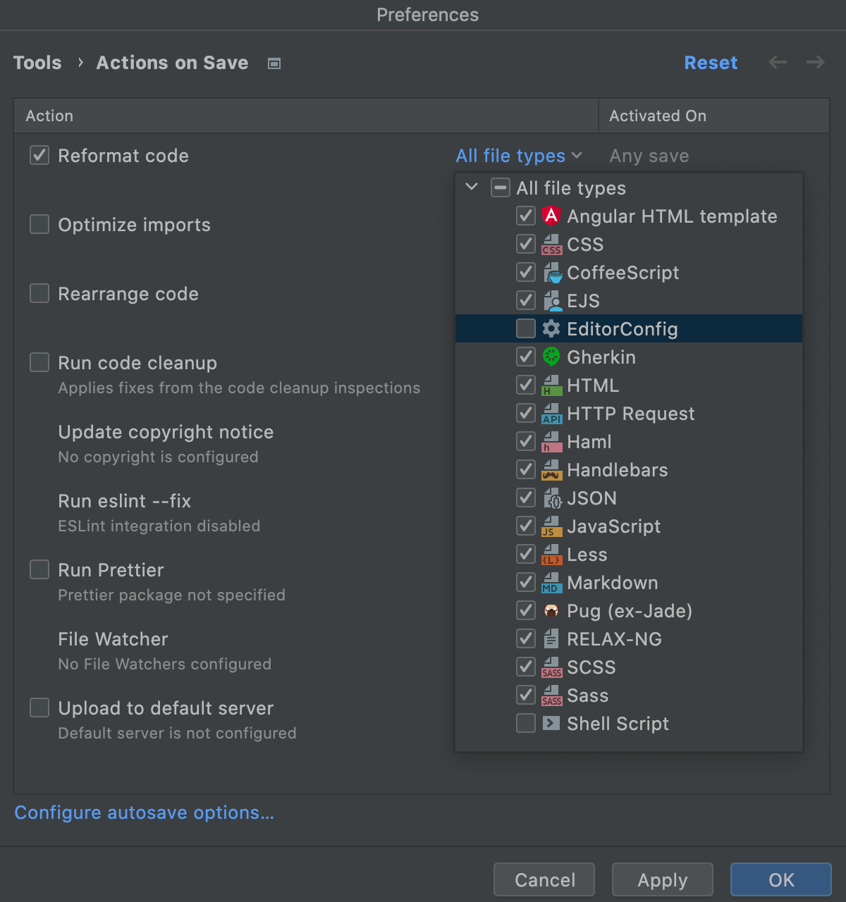 Reformat on save: specify file type