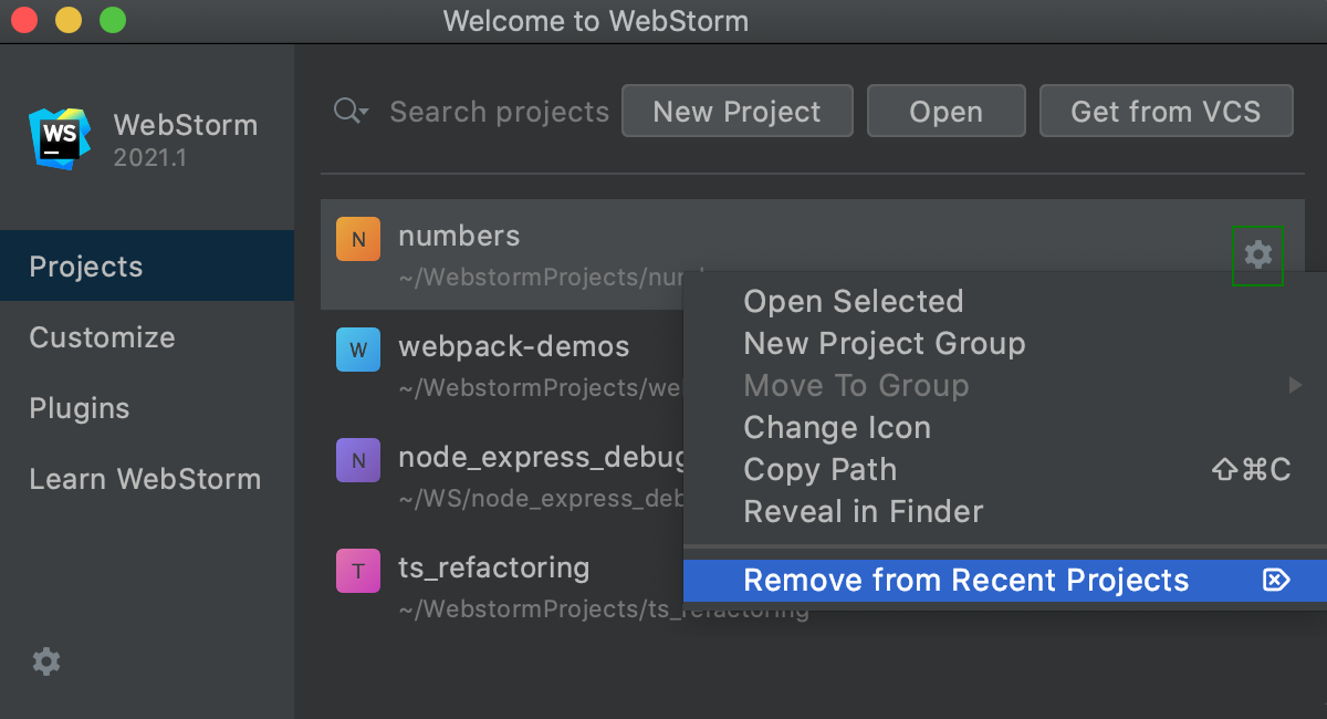 Remove a project from recent Projects on the Welcome Screen: Settings icon