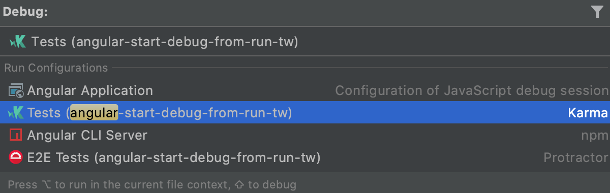 Start run/debug configuration from the Run Anything popup in debug mode