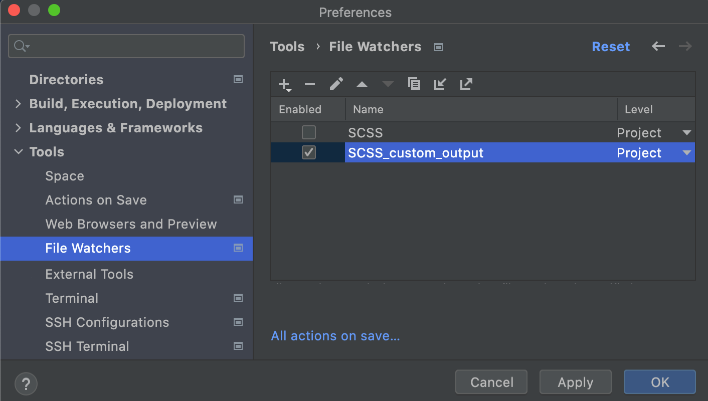 New File Watcher with custom output path saved and enabled