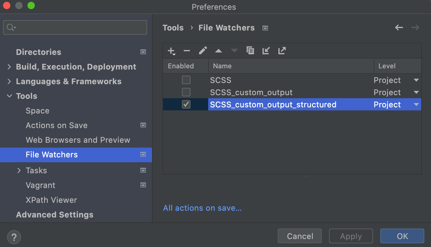 Custom output with folder structure: File Watcher saved and enabled