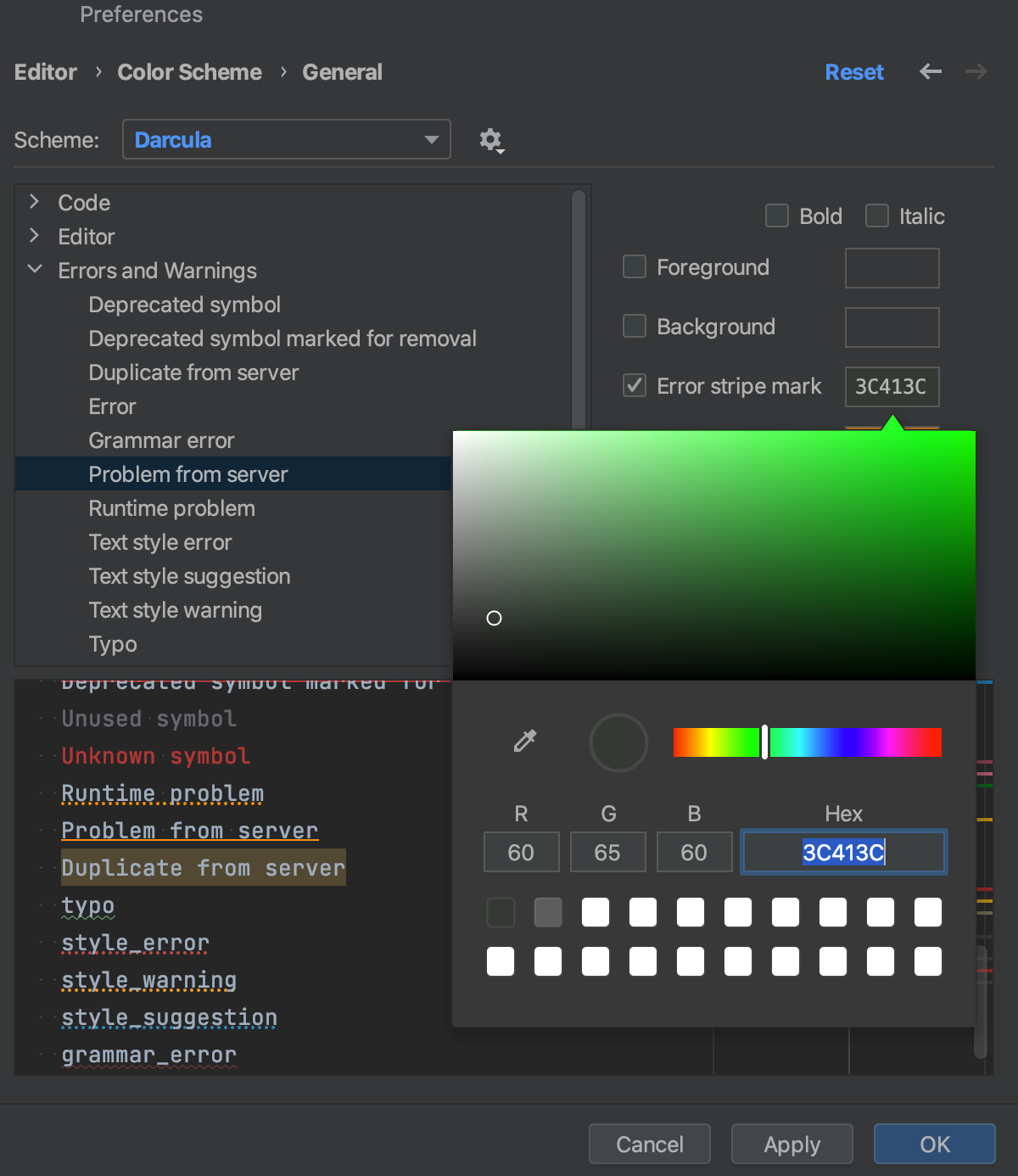 Changing error highlighting