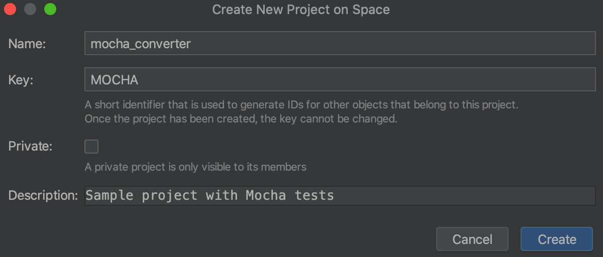 Create a project in Space: specify project name, key, and description