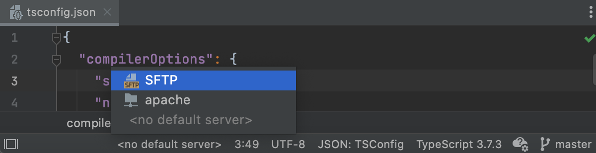 Selecting a default deployment server in WebStorm status bar