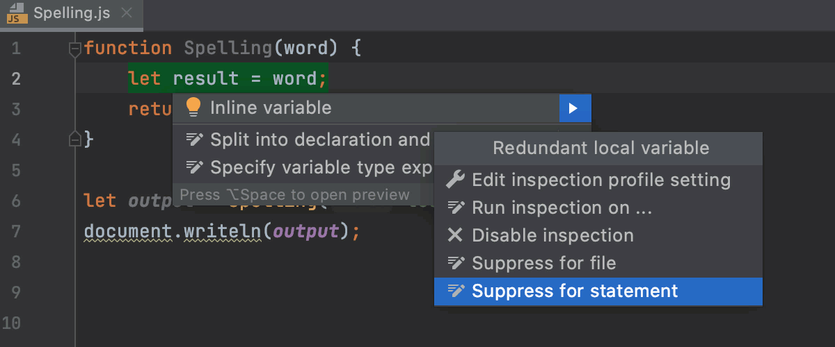 Suppressing an inspection in the editor  (JavaScript or TypeScript)