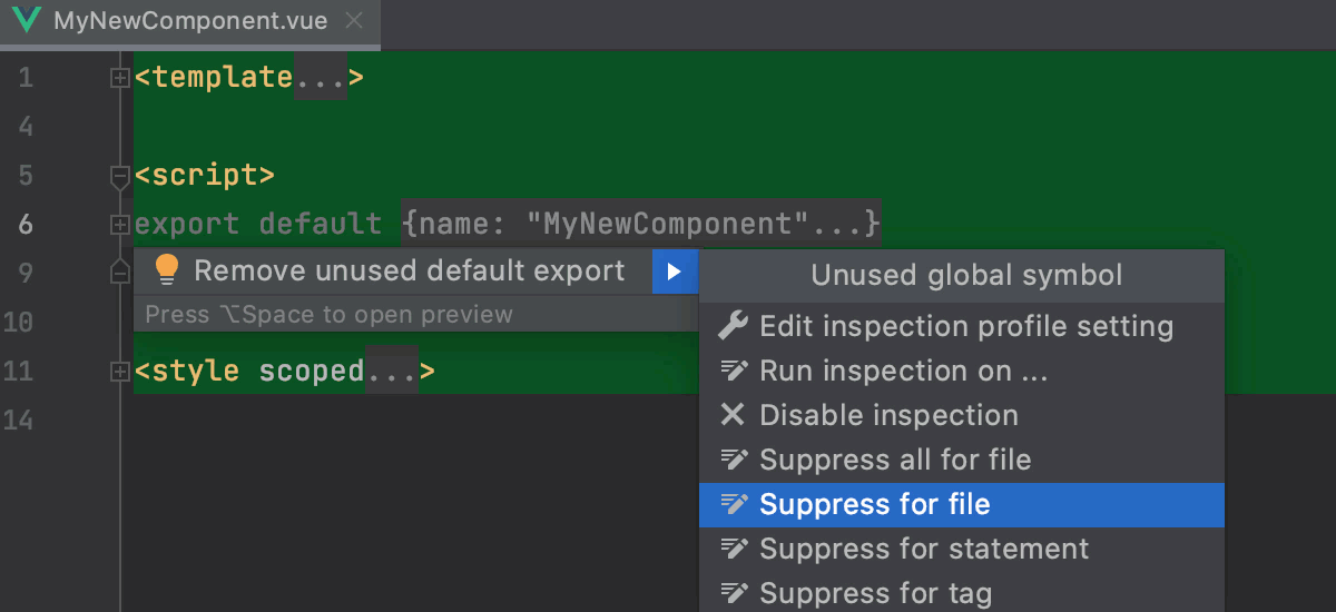 Suppress inspection in the editor (Vue.js and HTML)