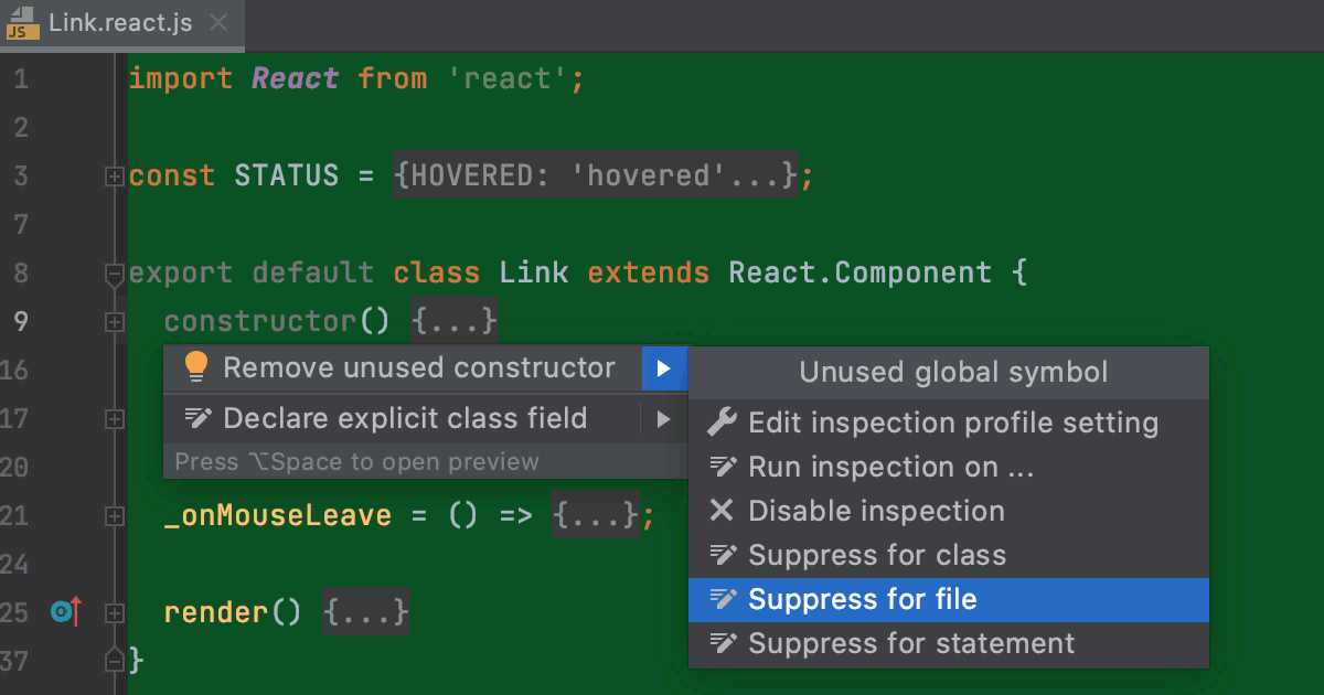 Suppress an inspection in a JavaScript class