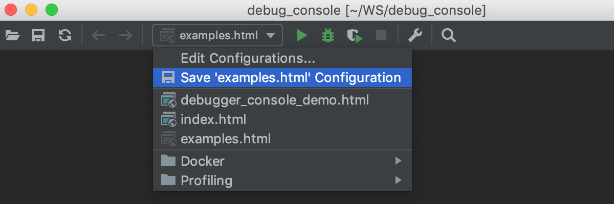 Run/Debug configuration selector: Save configuration
