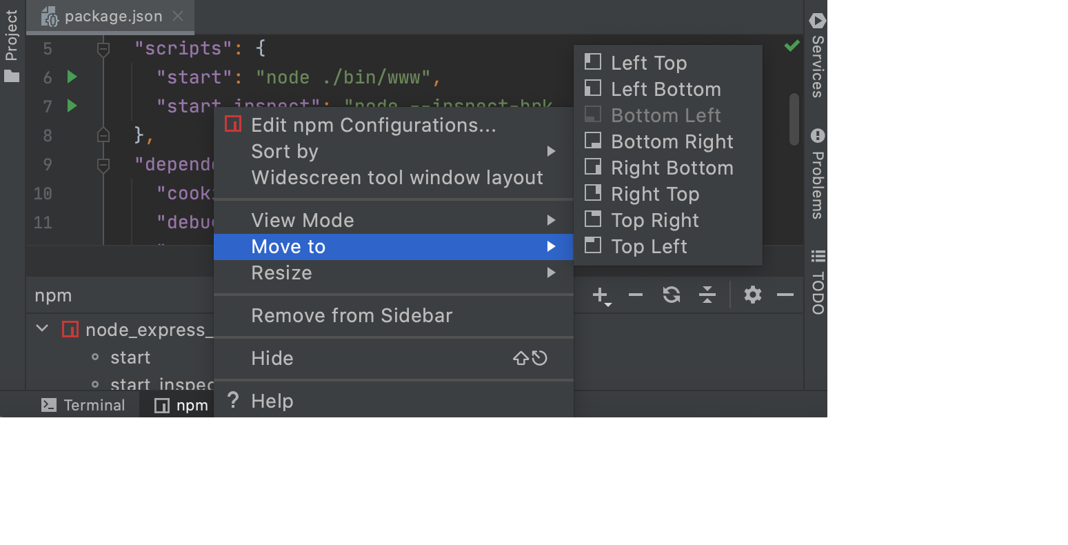 Tool window options menu: Move to