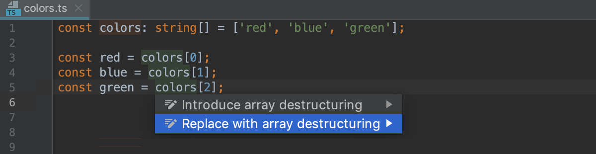 Destructuring with intention action: Replace with array destructuring