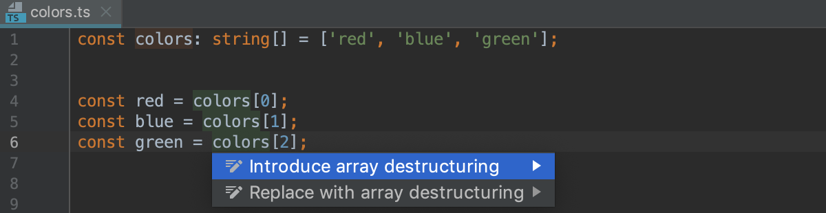 Destructuring with intention action: Introduce array destructuring