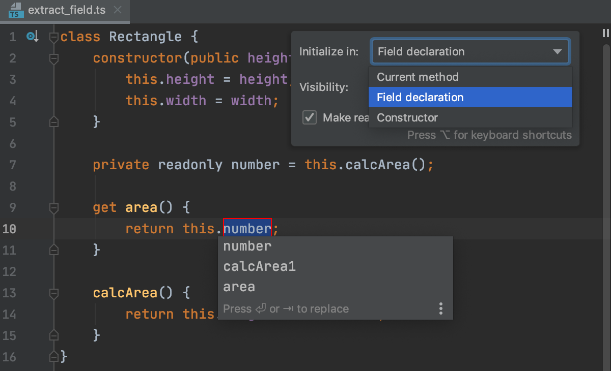 Extract field in TypeScript: choose initialization