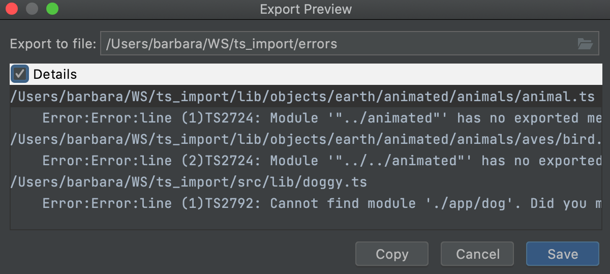 TypeScript tool window: Export Preview