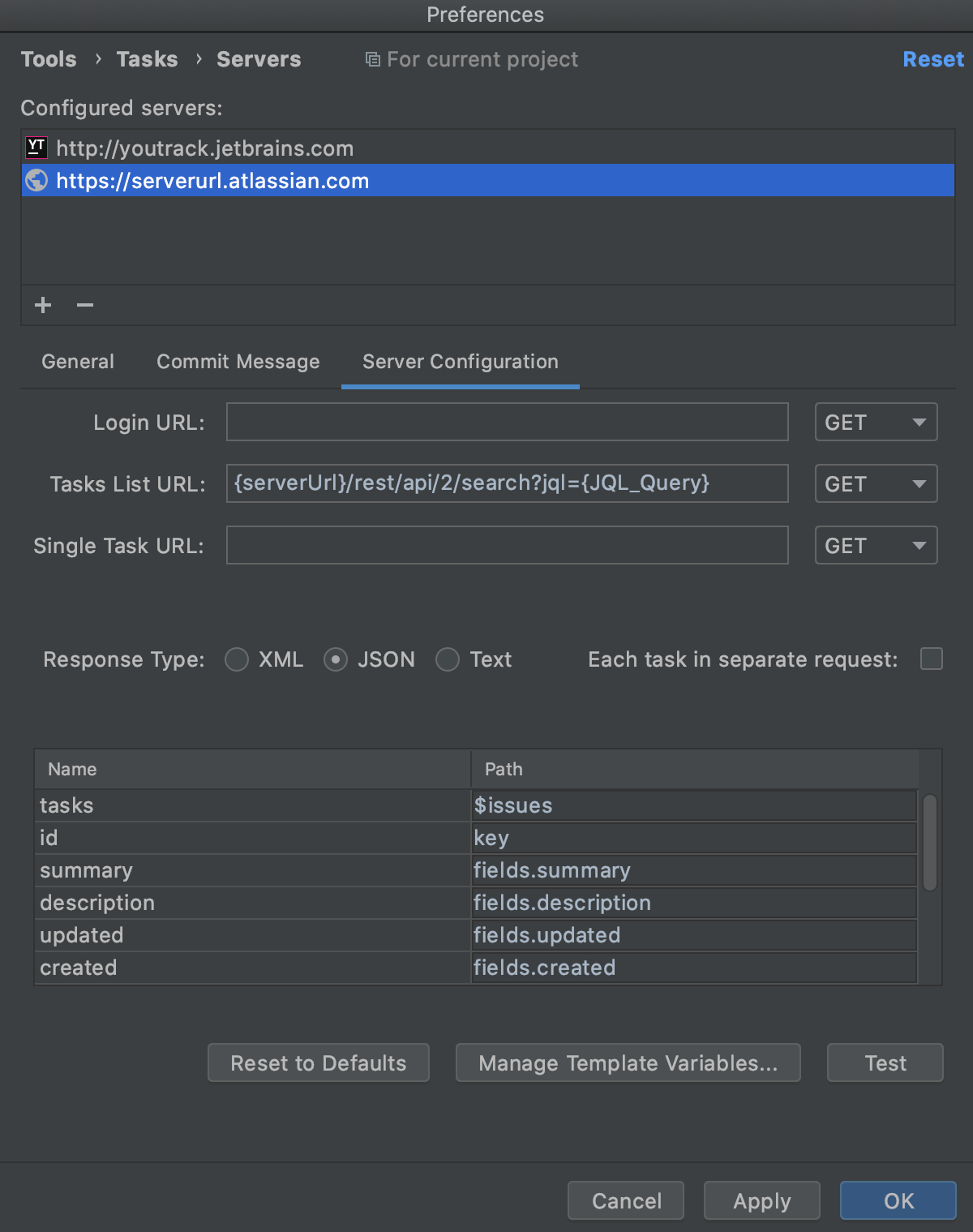 Configuring a response type and specifying selectors