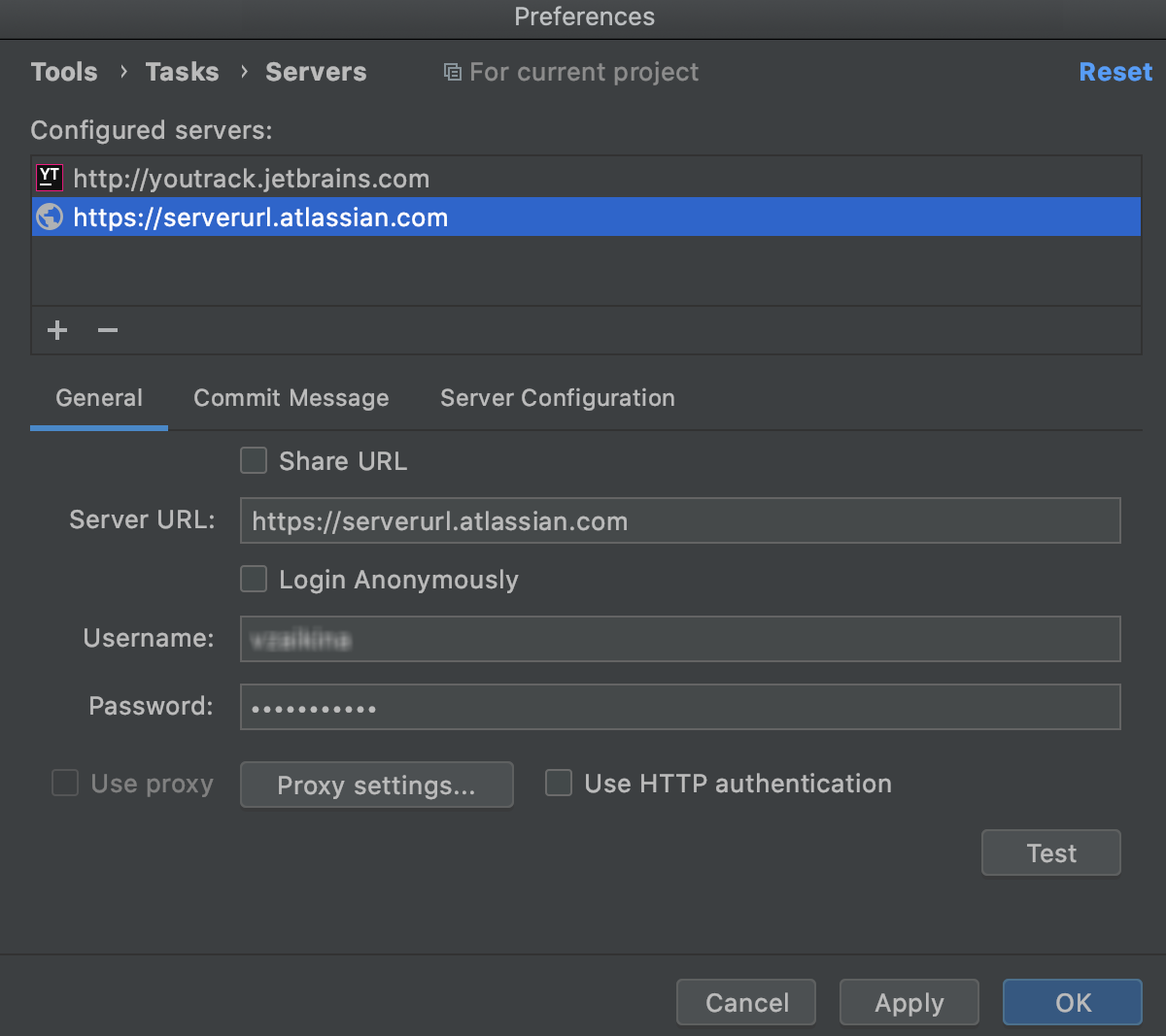 Specifying server URL and credentials