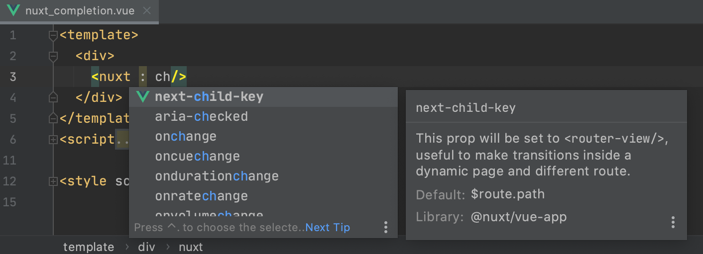 Completion and quick doc for Nuxt component