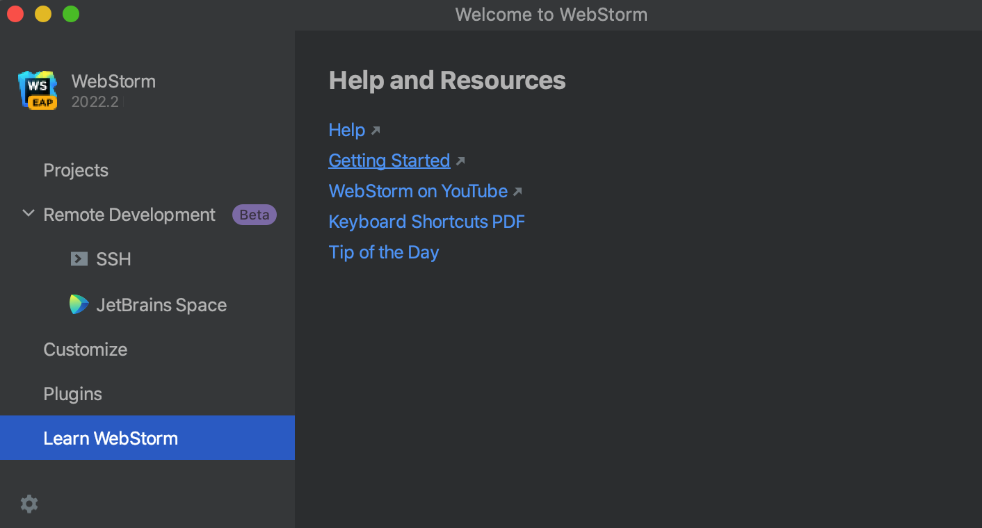 welcome screen: learn WebStorm