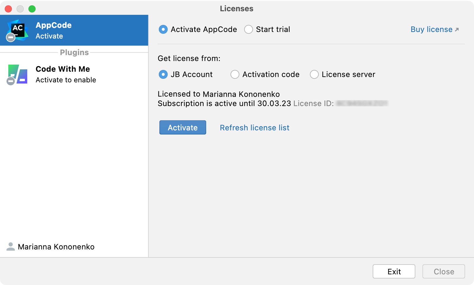 Activate AppCode license with a JB Account