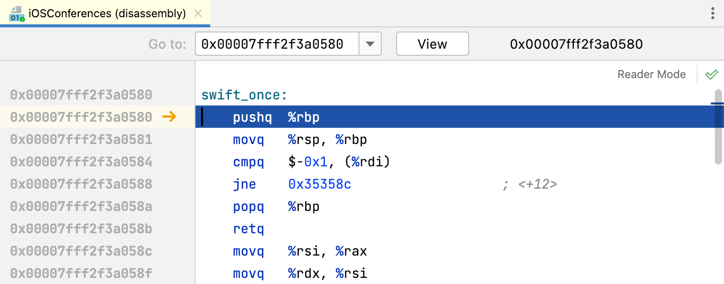 Go to function in the disassembly view Go to function in the disassembly view