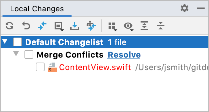 The Merge Conflicts node in the Local Changes view The Merge Conflicts node in the Local Changes view
