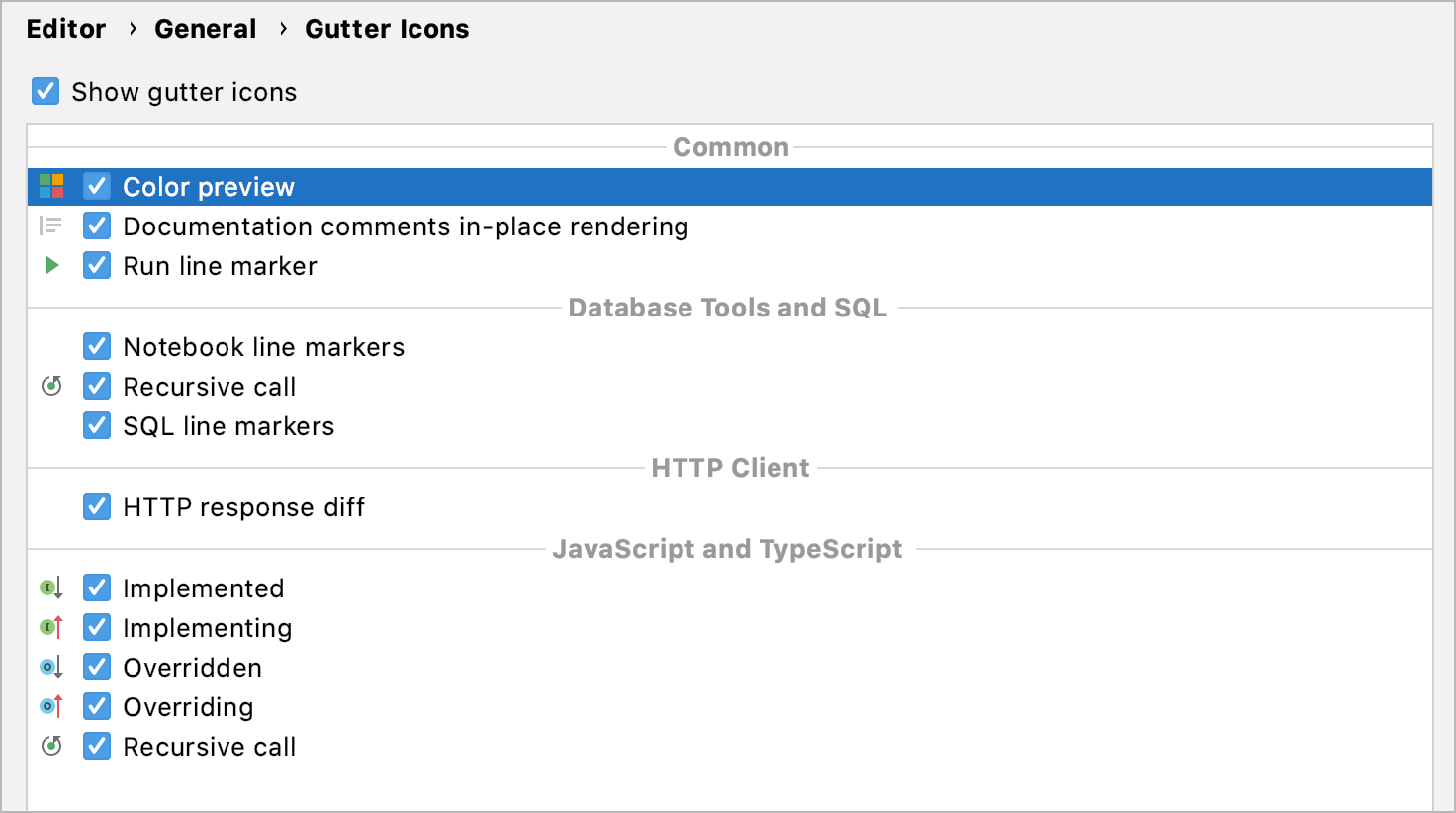 Gutter icons settings in the Preferences dialog Gutter icons settings in the Preferences dialog