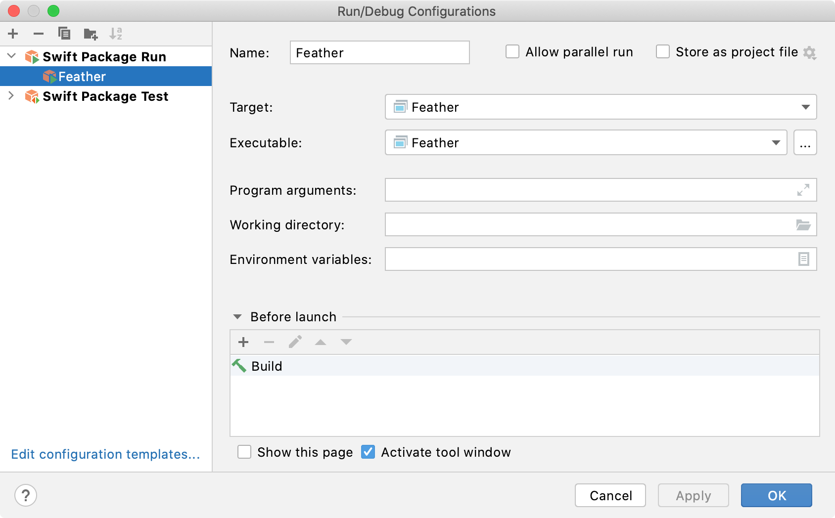 Swift package run/debug configuration
