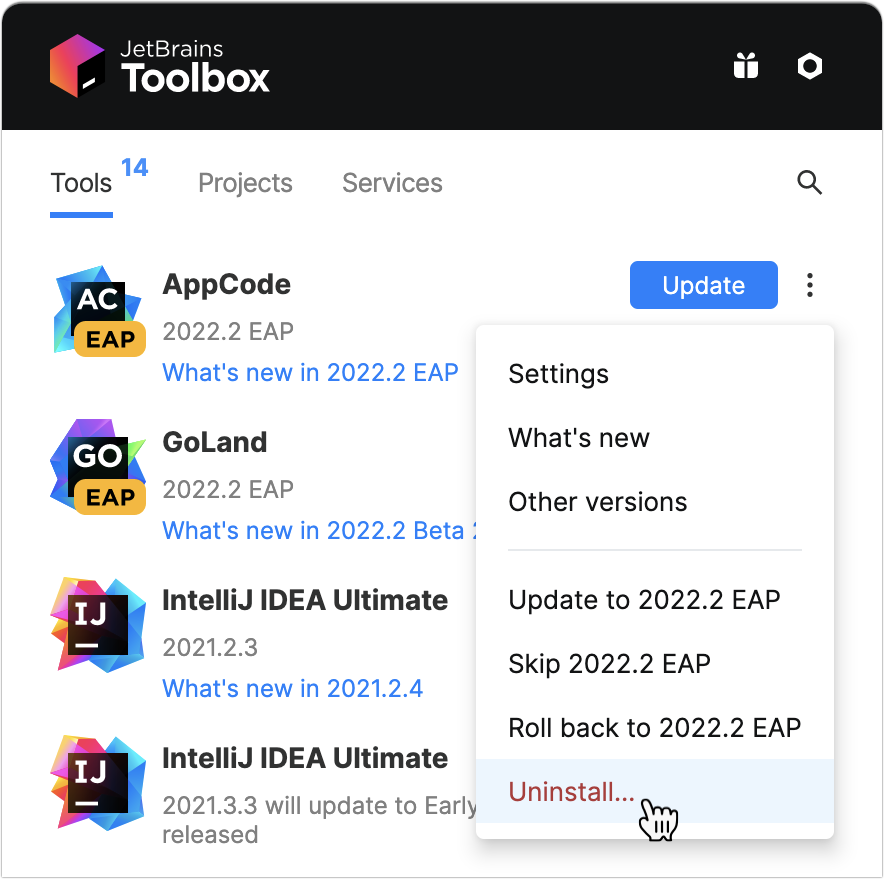 Uninstall AppCode using the Toolbox App