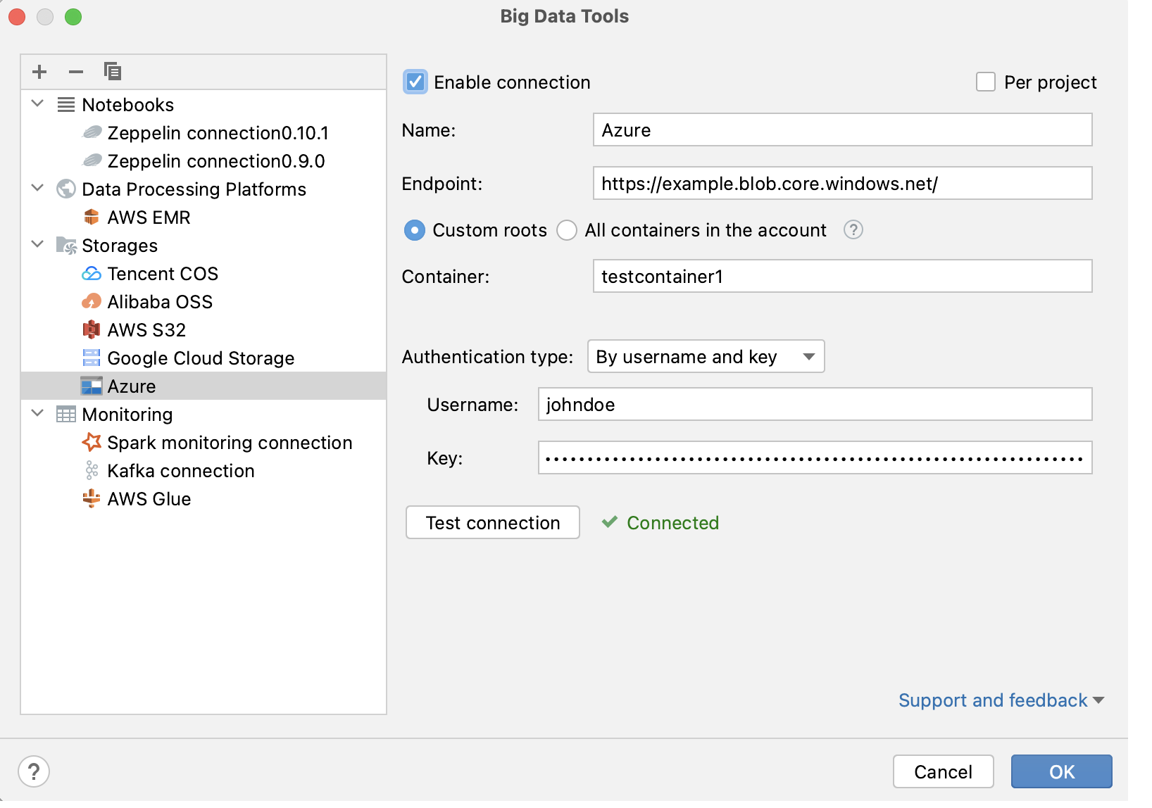 Connection settings for Azure Storage