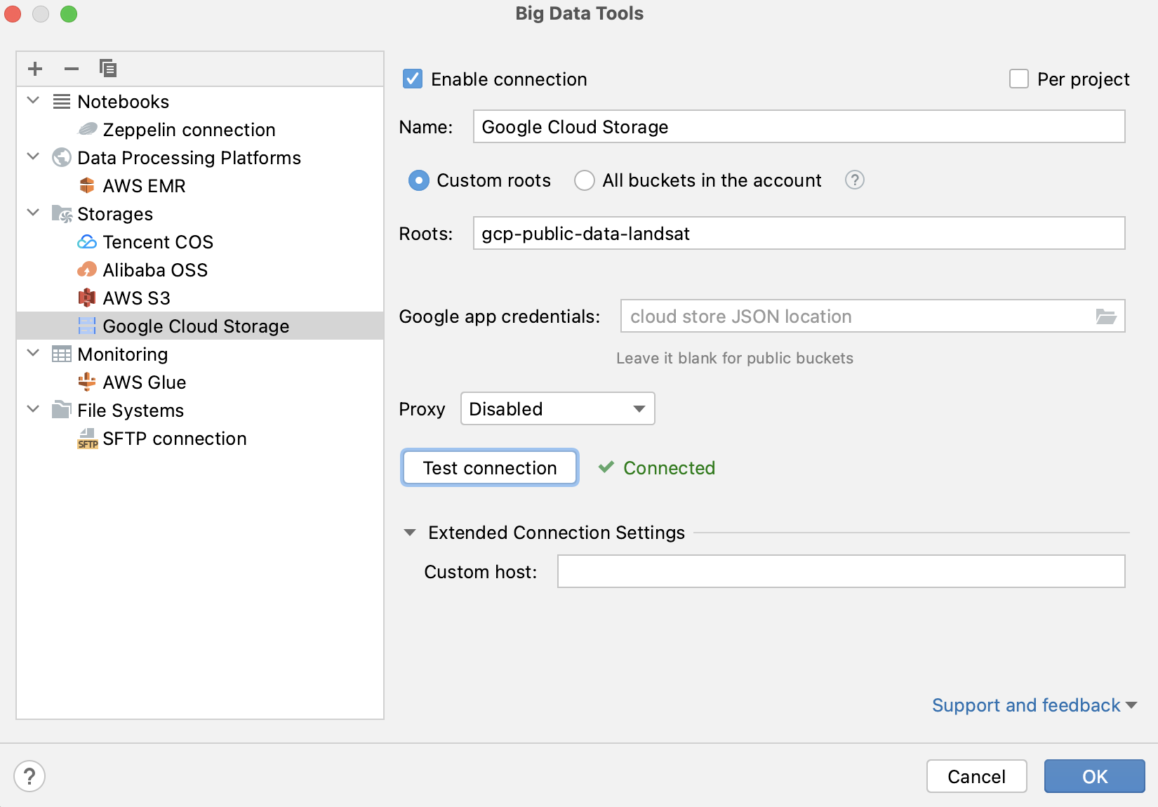 Connection settings for Google Cloud Storage