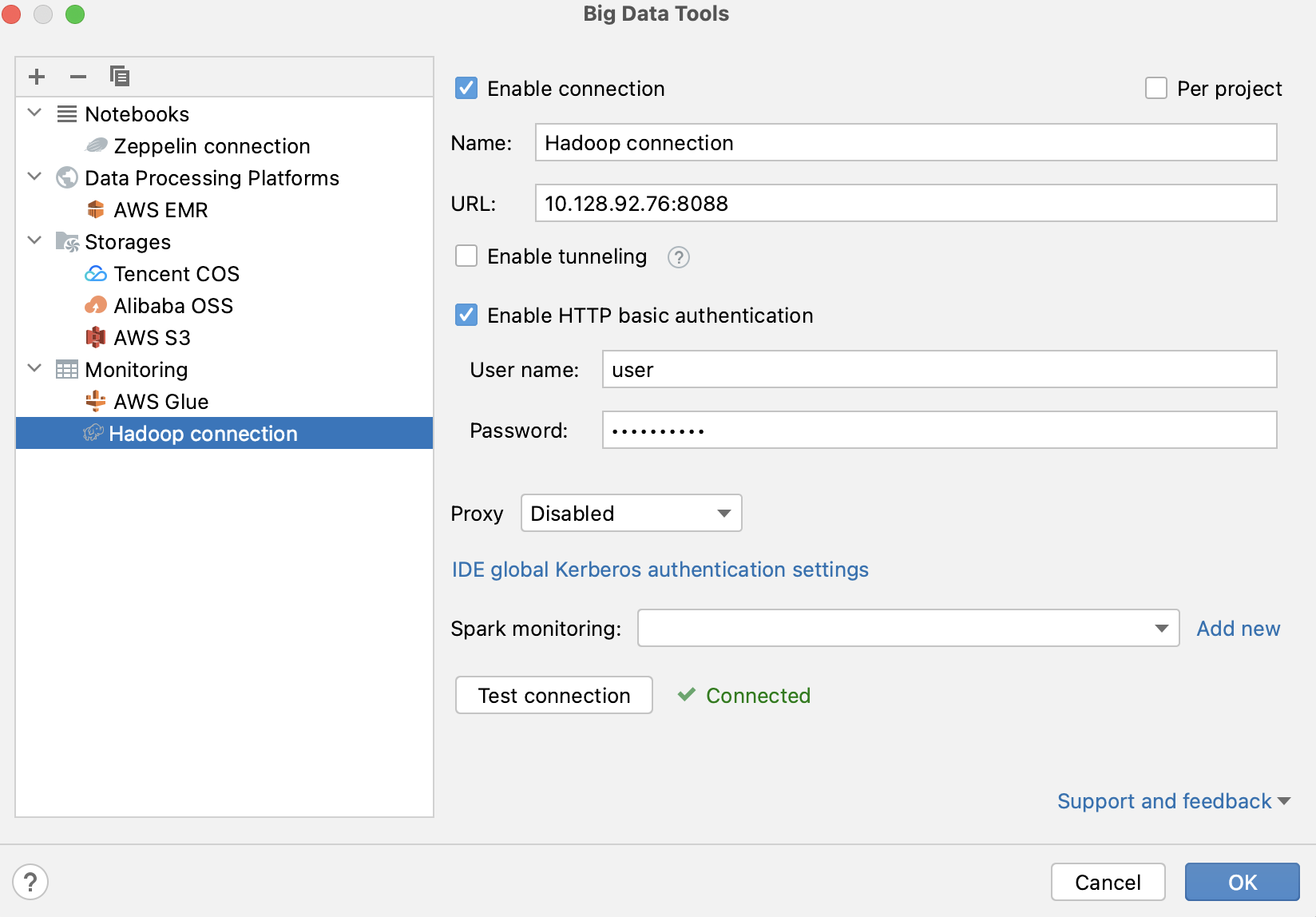 Configure Hadoop connection