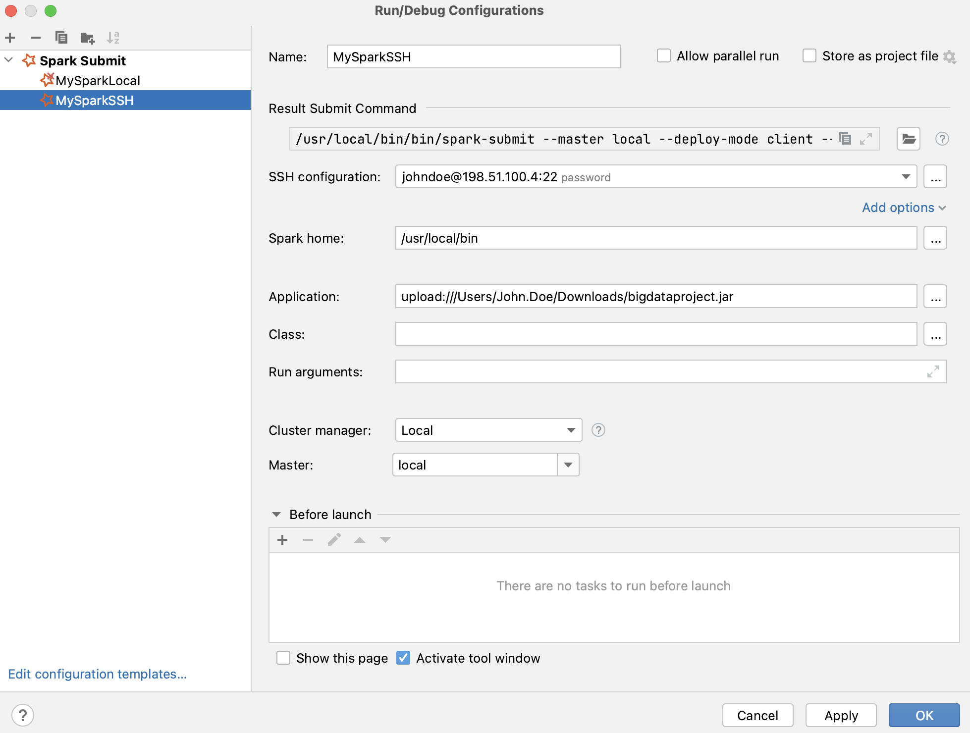 SSH Spark Submit configuration