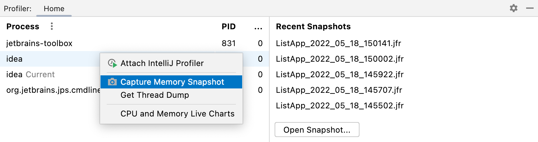 A menu appears on right-clicking a process in the Profiler tool window