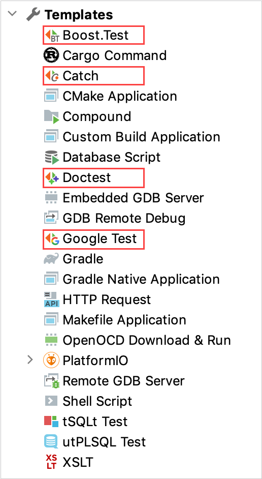 Run/debug configuration templates for testing frameworks