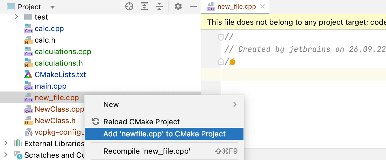 Add file to CMake project from context menu