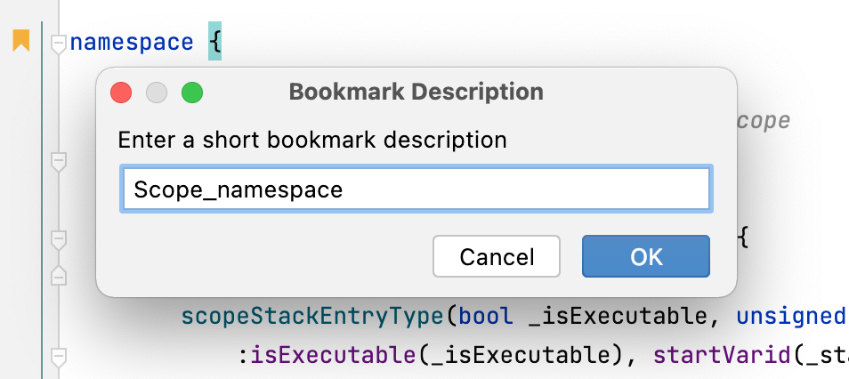 Renaming a bookmark in the editor
