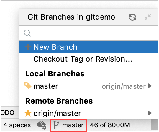 Git branch menu