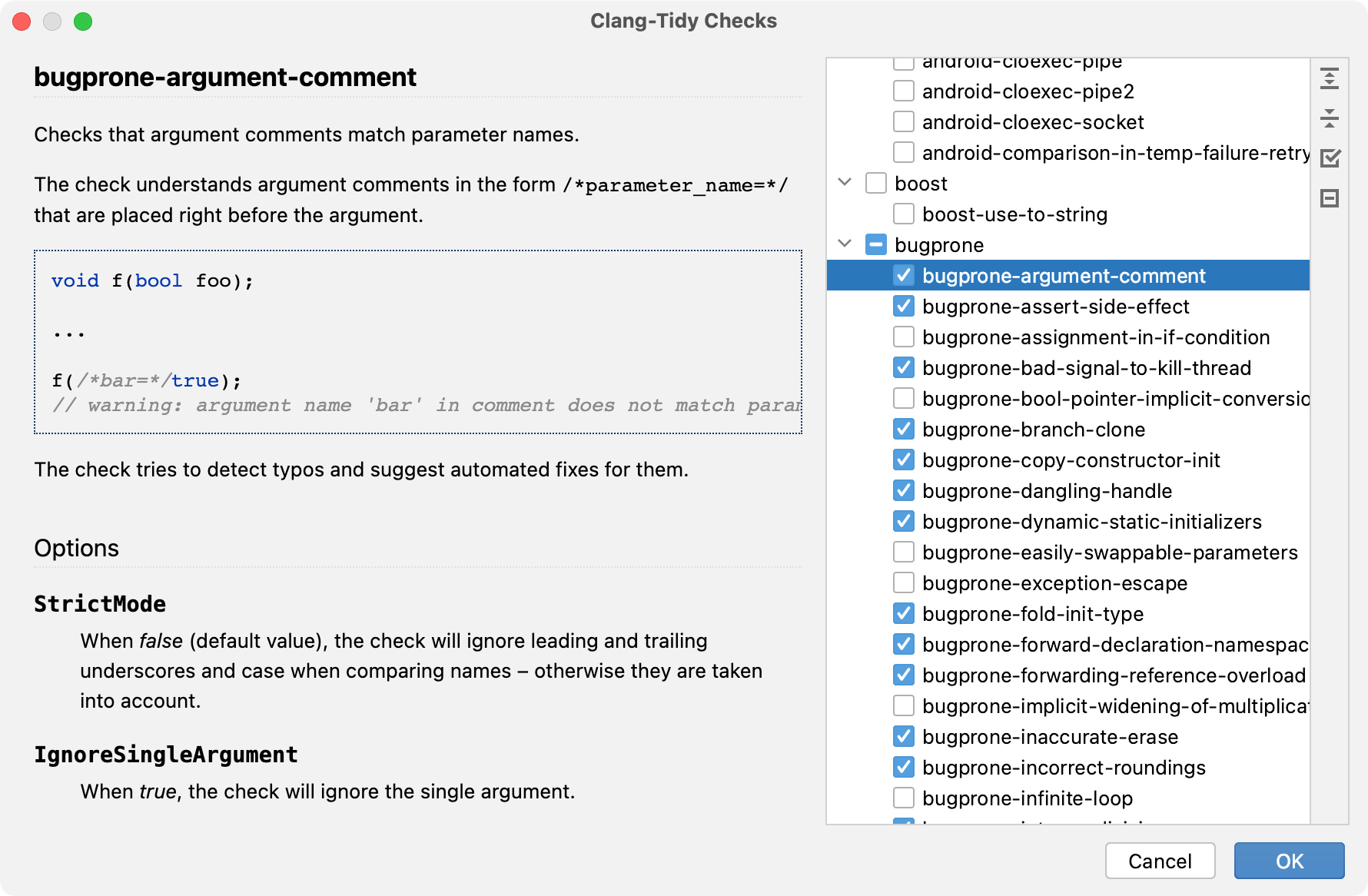 Clang-tidy checks tree view