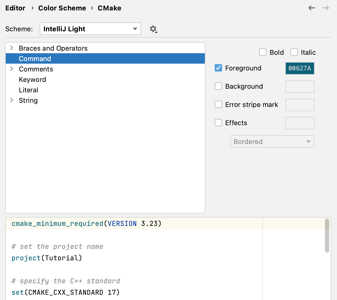 Color scheme settings for CMake