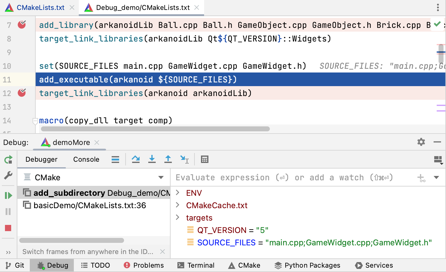 cmake debug target