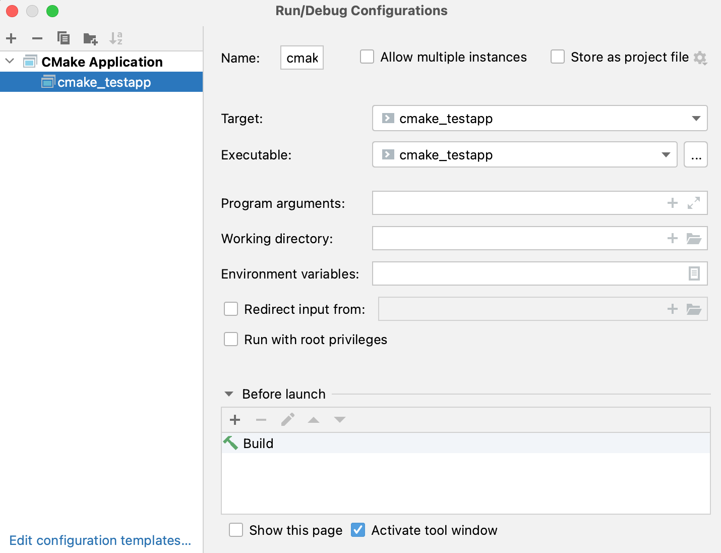 Details of the default configuration for a new CMake project