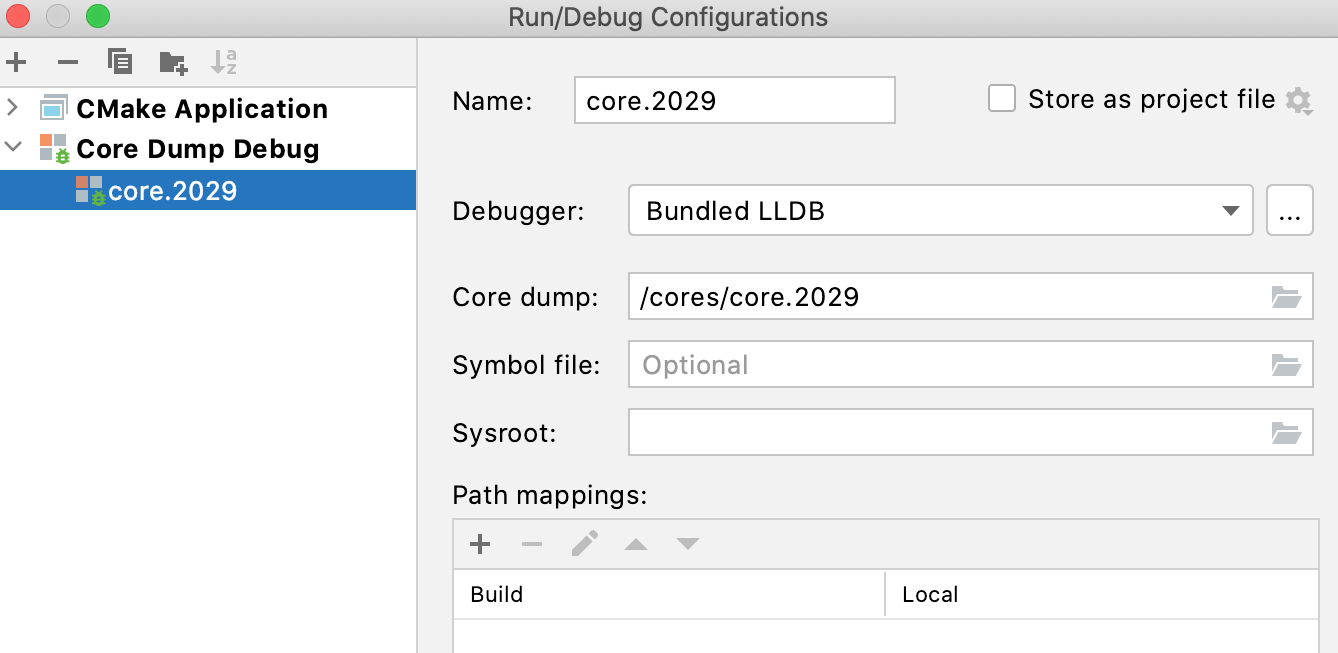 Core Dump Debug configuration