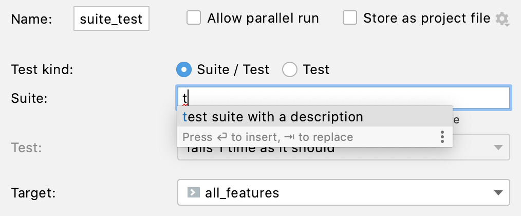 Auto-completion for suite names