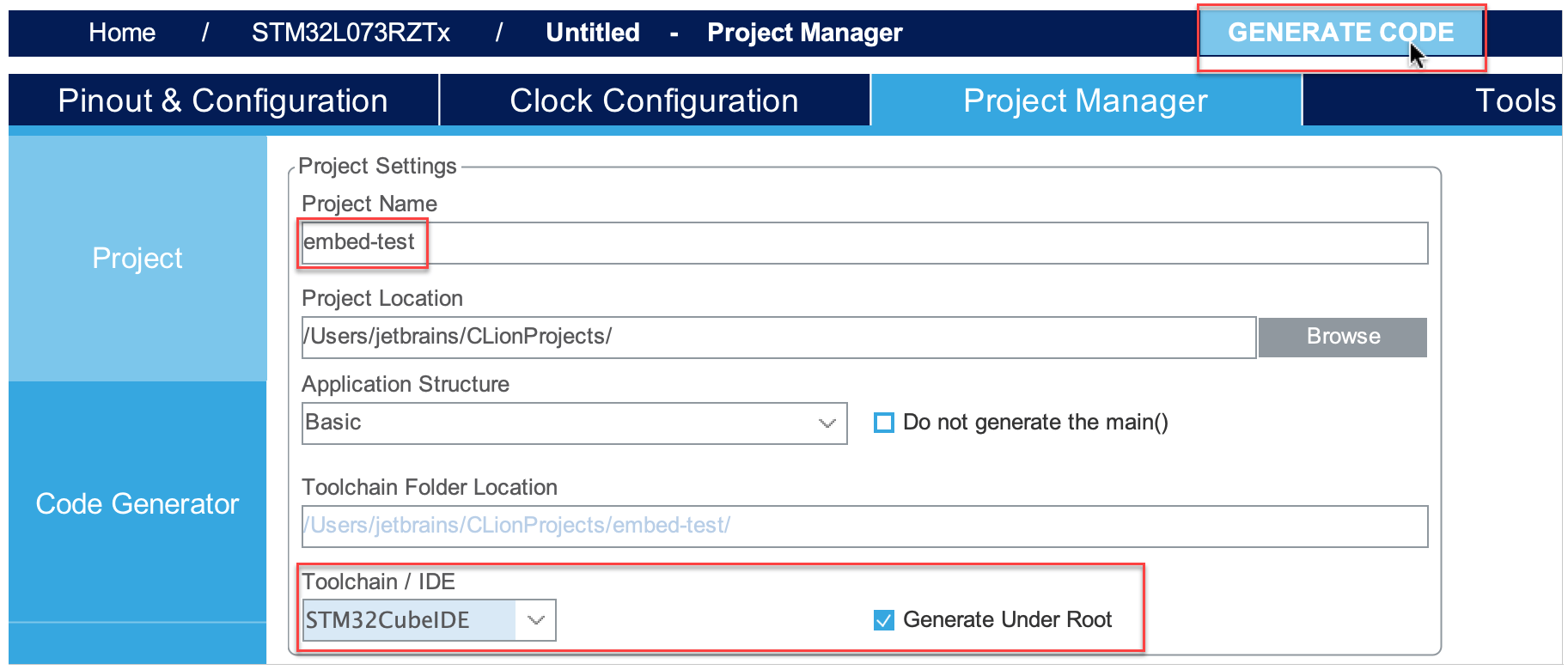 generate code in cubemx