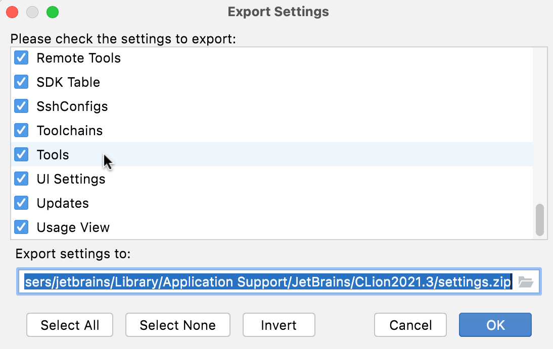 Exporting the external tools settings
