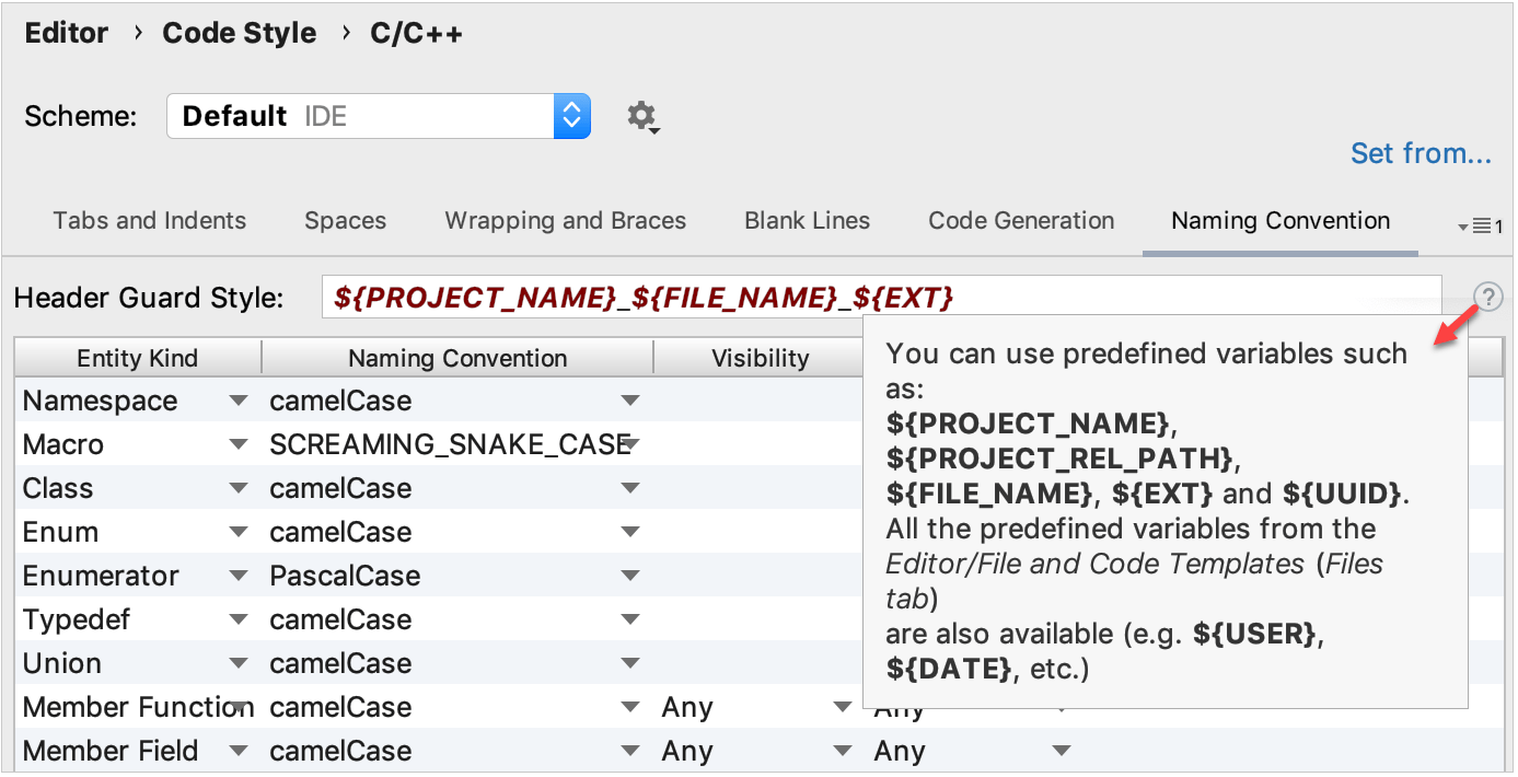header guard field in naming convention settings