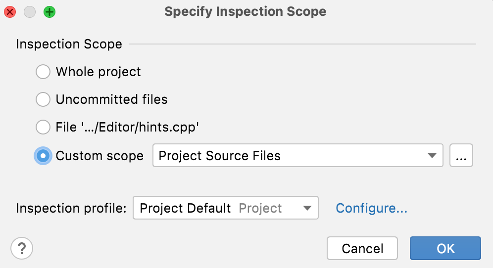 The Specify Inspection Scope dialog