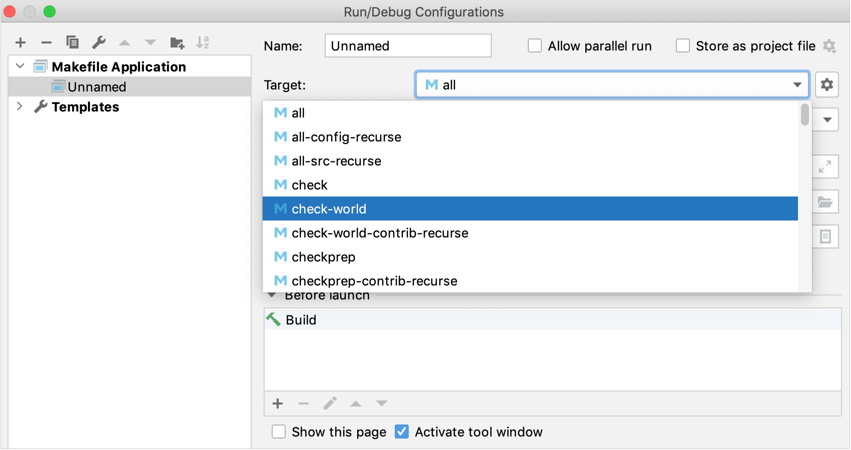 Targets selection for a Makefile Application configuration