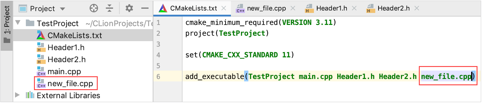 New file added to the selected CMake target