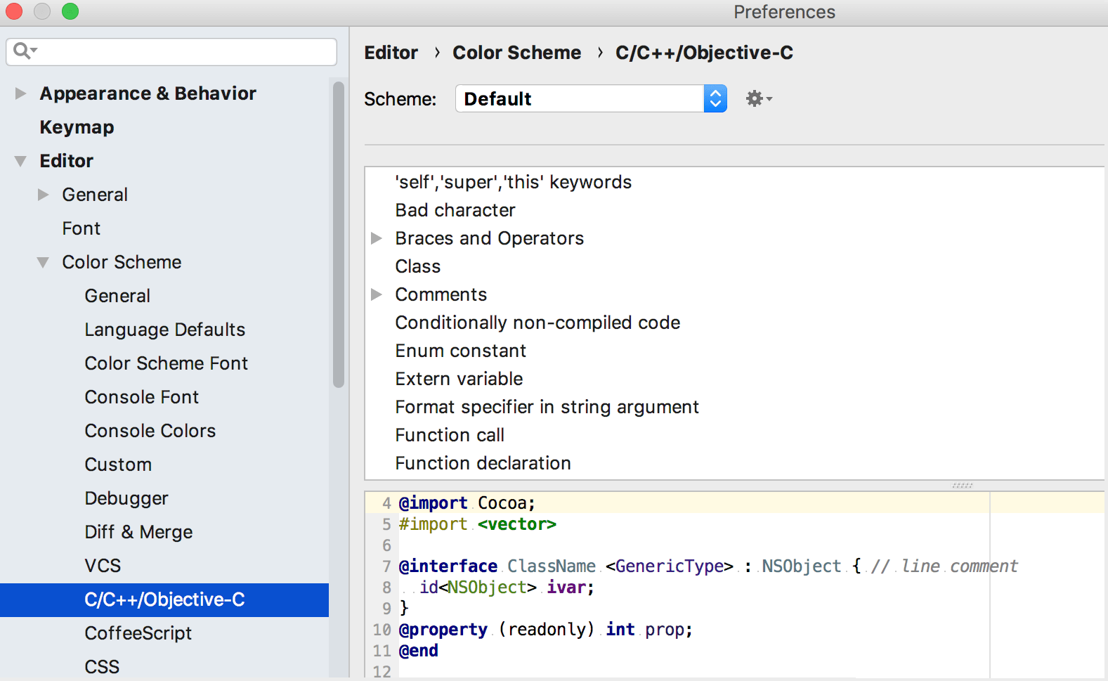 Objective-C/C++ color scheme settings